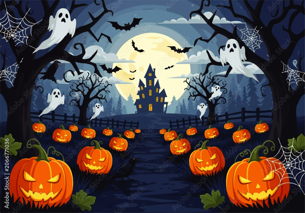 Fototapeta premium Spooky Halloween night with glowing jack-o-lanterns and ghosts approaching a haunted castle, a vector flat design