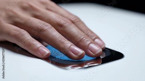 Fingerprint Scan Technology Close Up On Woman Hand Authentication System On White Surface With Studio Lighting