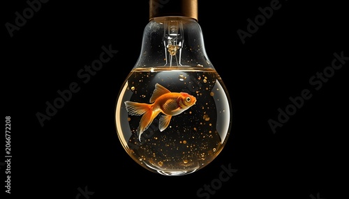 Golden Serenity – Elegant Goldfish Floating Inside a Hanging Glass Light Bulb Underwater World