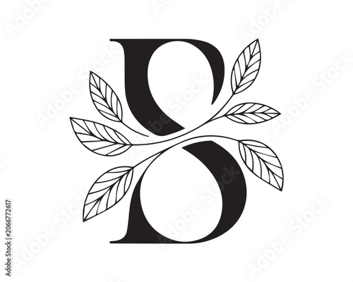 Monogram Letter B Logo Design with Leaves and Floral Elements in Black and White