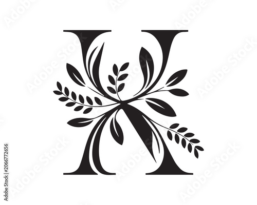 Monogram Letter X with Floral Elements in Black Color