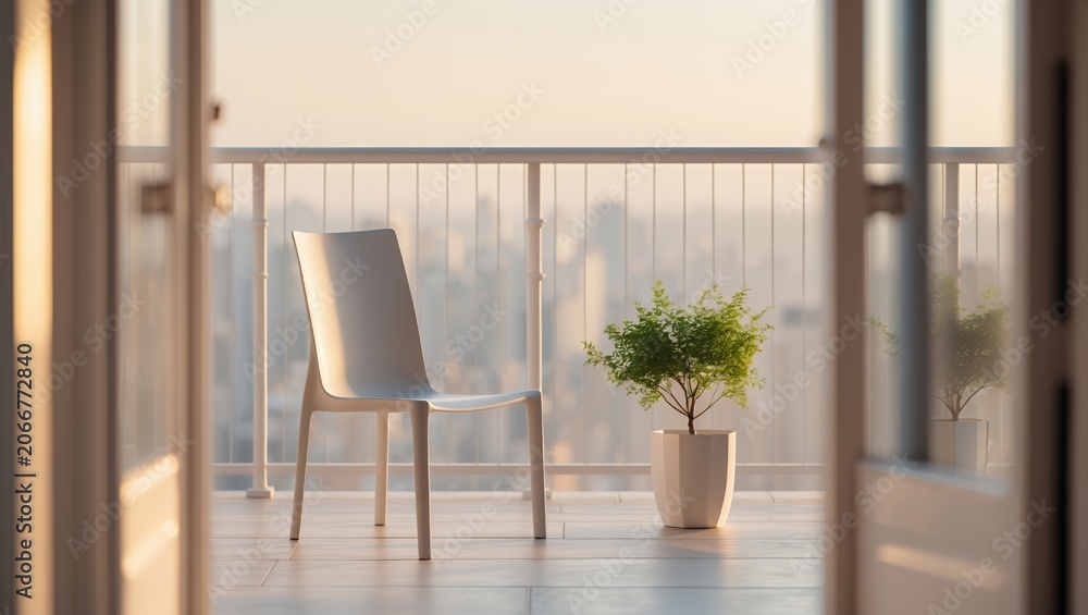 Fototapeta premium Peaceful minimalist balcony with a white chair and green plant overlooking a blurred city skyline at golden hour.