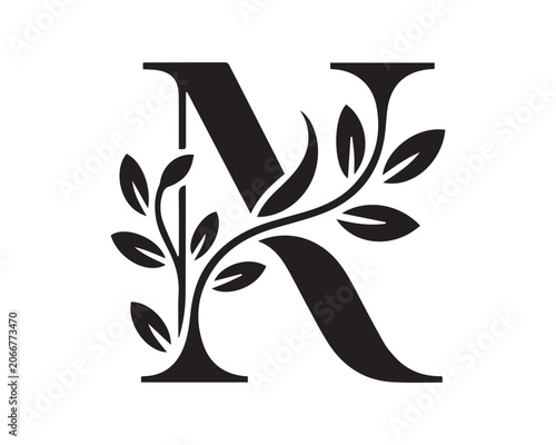 Monogram Letter M and K with Tree Branches and Leaves in Black Color