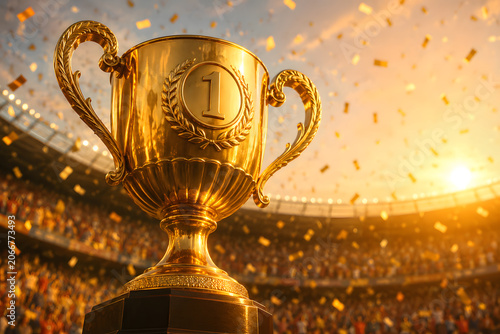Golden trophy cup with confetti falling in stadium