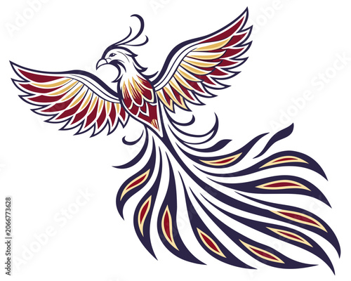 Phoenix Bird with Outstretched Wings and Long Flowing Tail in Maroon Gold and Navy Blue on White