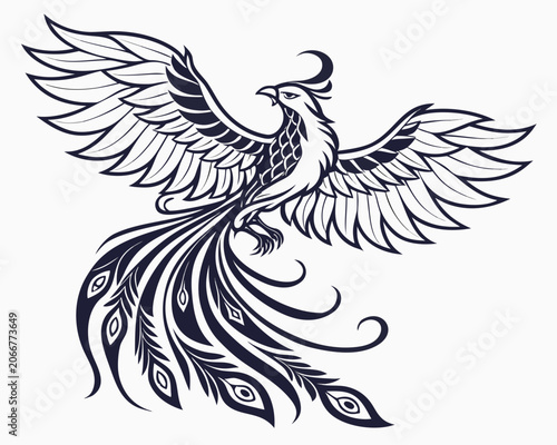 Phoenix Bird with Spreading Wings and Flowing Tail Feathers in Dark Blue Color on White