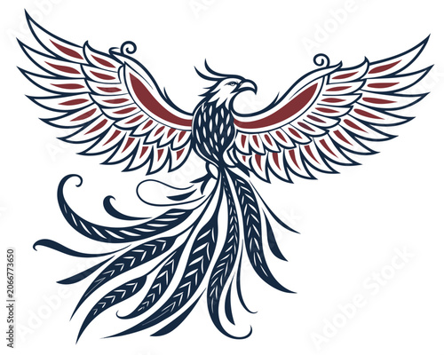 Phoenix Bird with Spreading Wings and Flowing Tail Feathers in Blue and Maroon on White