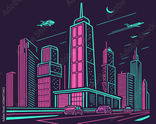 Pink and Cyan City Skyscrapers with Moving Cars and Airplanes on Dark Purple Night Sky