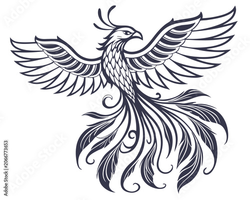 Phoenix Bird with Spreading Wings and Long Flowing Tail Feathers in Dark Blue on Plain White