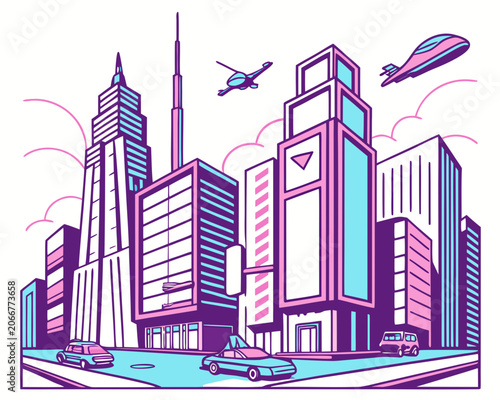 Pink and Cyan City Skyscrapers with Flying Craft and Cars against White Sky with Clouds