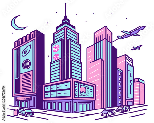 Purple and Pink City Skyscrapers with Blue Windows and Flying Planes Under Crescent Moon and Stars