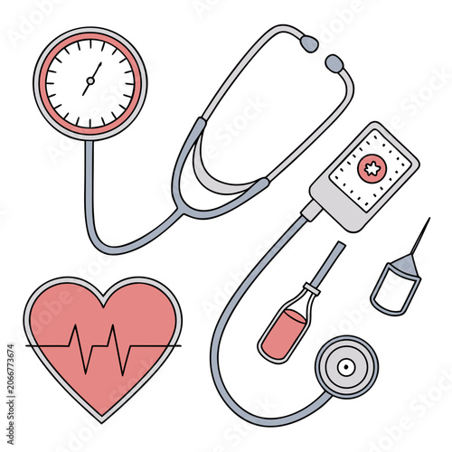 Pink Heart with EKG Pulse Line and Grey Cardiology Stethoscope and Blood Pressure Gauge