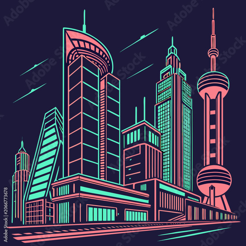Pink and Teal Neon Skyscrapers and Oriental Pearl Tower in Perspective on Dark Blue Night Sky