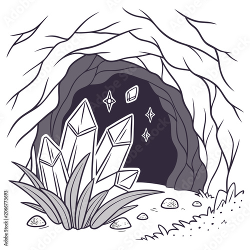 Pointed Black and White Crystal Clusters and Rocks at a Dark Cavern Entrance with Floating Stars