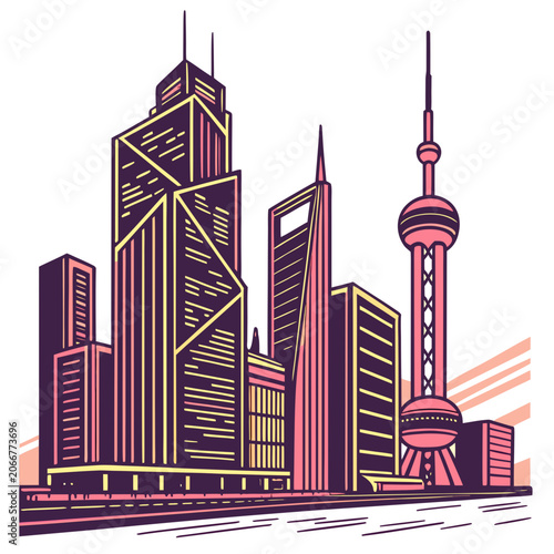 Skyscrapers and Oriental Pearl Tower in Pink Yellow and Dark Purple on White Background
