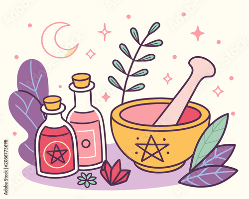 Red and Pink Alchemy Potion Bottles with Yellow Mortar and Pestle and Pentagram Symbols with Moon