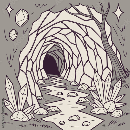 Winding Path Leading into a Rocky Crystal Cave Tunnel with Floating Gems and Tree Trunk
