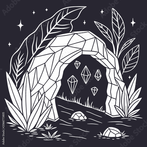 White Faceted Stone Archway with Floating Crystals and Tropical Leaves on Starry Dark Ground