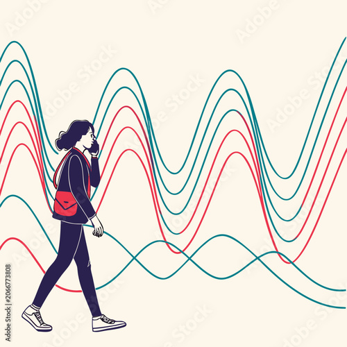 Woman Walking and Talking on Mobile Phone with Teal and Red Wavy Lines on Cream Surface