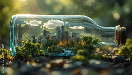Eco Future in a Bottle – Miniature Sustainable City with Skyscrapers Inside Glass World