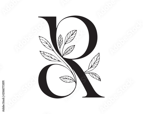 Elegant Monogram Letter R with Floral Elements in Black and White
