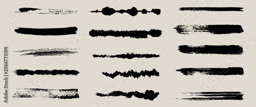 Set of hand painted gouache brush strokes and long ink lines. Grunge textures, smears, and dry brush effects. Isolated artistic black elements for borders, underlining, and creative design projects.