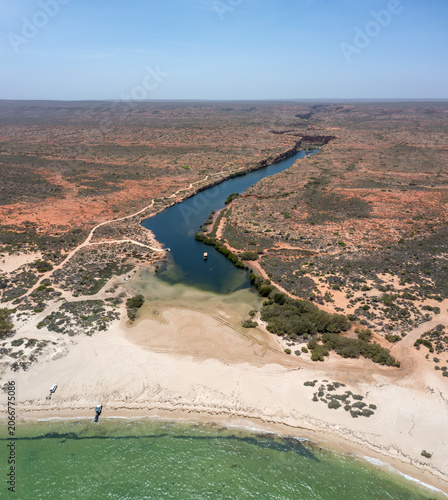 Drone point of view of the cars on the Beach and the Yardie Creek, Ningaloo Coast, Exmouth, Western Australia
