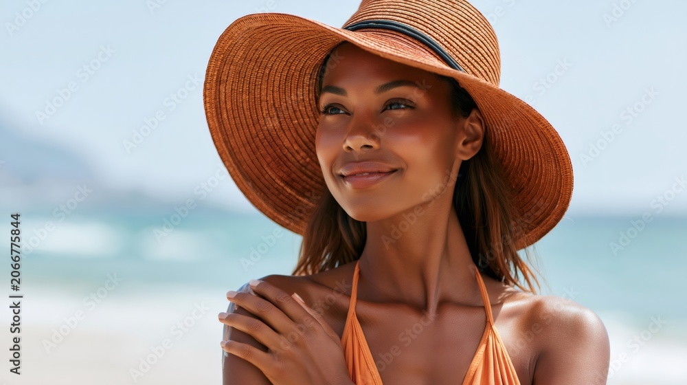 Fototapeta premium Woman applying sunscreen on shoulder protecting skin from sun