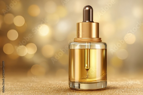 Luxurious Skin Care Serum Bottle with Dropper in Elegant Gold and Glass Design