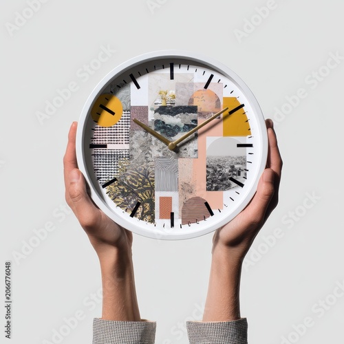 Modern wall clock with abstract art collage design in hands, minimalistic interior decor