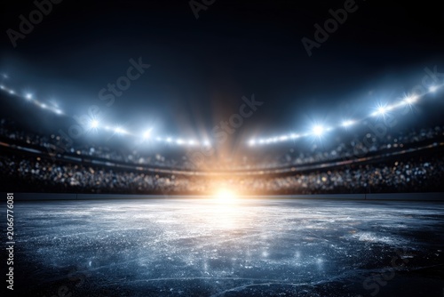 Brightly Lit Ice Hockey Stadium with Empty Pitch and Spectator Seats at Night