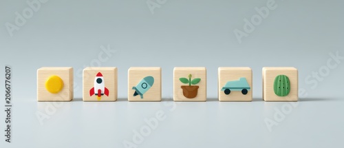 Set of six wooden blocks with colorful symbols including a yellow circle, rocket, key, plant in pot, car, and watermelon on neutral background