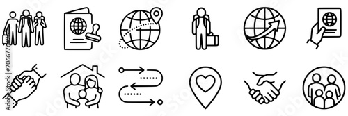 Bild auf Leinwand Immigration and global migration icons set representing family displacement and