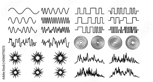 Tableau sur toile Waveform collection sine square sawtooth and radial patterns for scientific visu