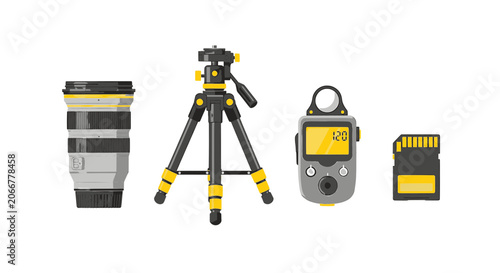Bild auf Leinwand Professional photography equipment set with lens tripod and light meter