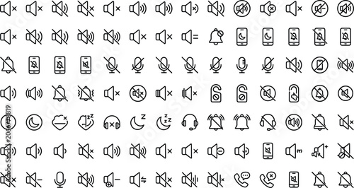 Silent Mode and Mute Audio Line Icon Set with Speaker Off Microphone Disabled Notification Bells Sleep Signs and Phone Privacy Symbols for Mobile App User Interfaces