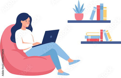 Young woman working on laptop in bean bag chair vector illustration featuring freelance remote worker in home office