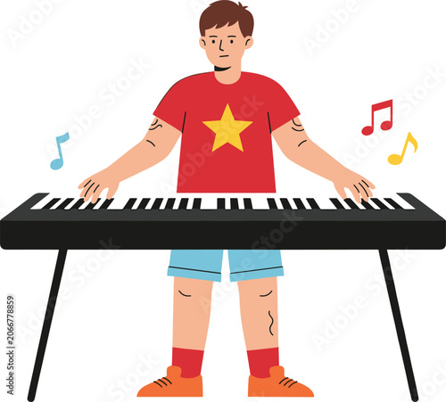 Young boy playing electronic keyboard vector illustration featuring cartoon male character musician standing at digital piano synthesizer
