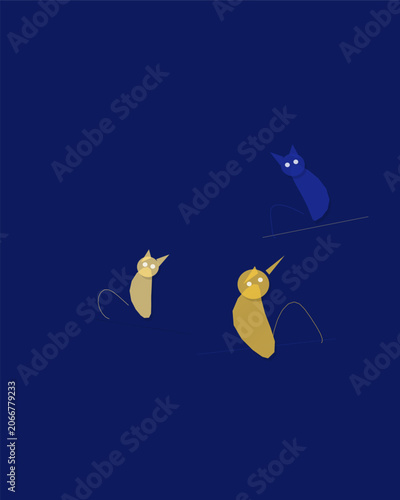 Three stylized cats sit on thin lines on a dark blue background with white eyes.