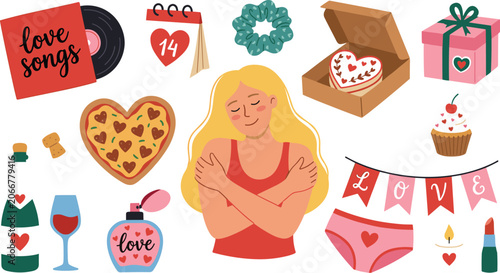 Valentine's Day self care vector illustration set featuring blonde girl hugging herself surrounded by romantic items
