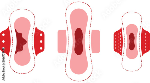 Sanitary pads collection vector illustration featuring various sizes of cartoon feminine hygiene napkin products with menstrual blood