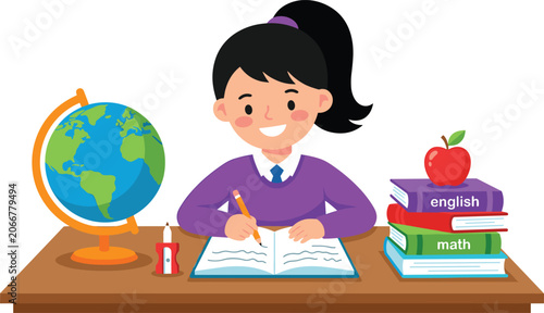 Smiling school girl studying at desk vector illustration featuring cartoon student character with globe and stack of books