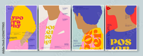 Colorful abstract poster designs featuring bold typography and vibrant silhouettes. Each piece showcases unique color combinations and modern graphic elements, perfect for creative projects.
