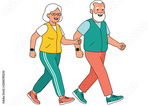 Active senior couple power walking vector illustration featuring happy elderly man and woman exercising together isolated on white
