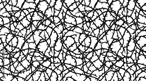 Intricate black vector illustration featuring a dense tangled pattern of sharp thorny vines and branches
