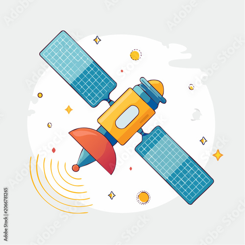 Cartoon Satellite in Space with Solar Panels and Signal Waves