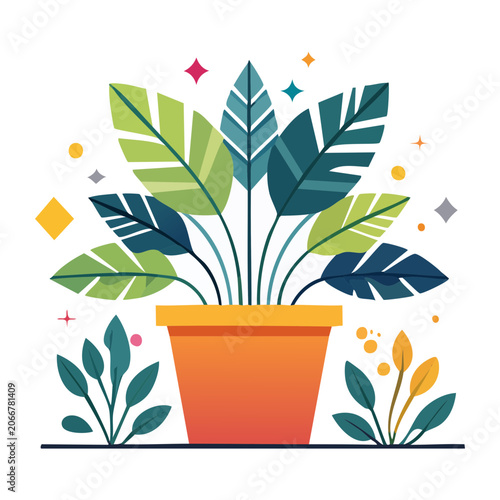 Flat design potted plant with colorful leaves and decorative elements