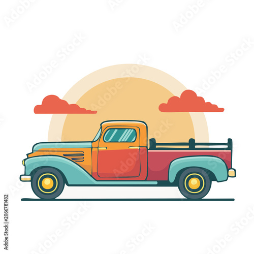 Retro pickup truck illustration with sun and clouds