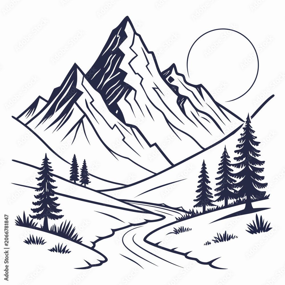 Obraz premium Mountain Landscape with Pine Trees Winding Path and Sun in Blue Line Art on White Background