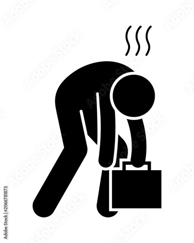 Exhausted businessman carrying briefcase silhouette icon. cartoon stickman figure.